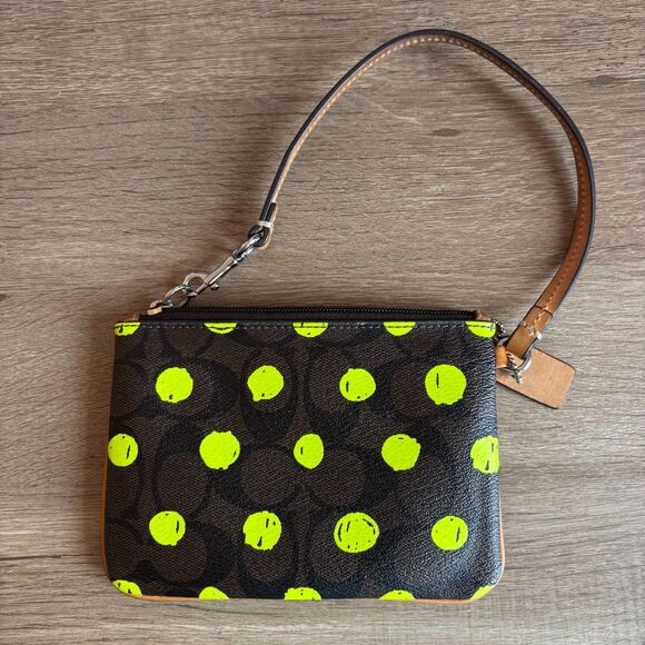 Coach Green Neon Polka Dot Signature Canvas Wristlet Style Number F52581 - Picture 2 of 16